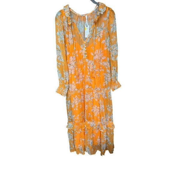 Anthropologie The Marais Printed Chiffon Maxi Dress in Orange Motif, NWT XS - Picture 5 of 8